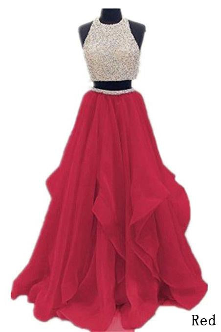 Two Piece Floor Length Burgundy Prom Dress Beaded Open Back Evening Gown DM603