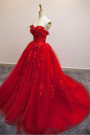 Charming Red Sweetheart Strapless Ball Gown Applique Tulle Long Prom Dress DME82