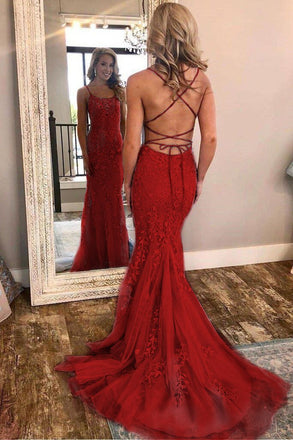 Burgundy Spaghetti Strap Mermaid Stunning Prom Dresses with Lace Appliques DMJ3