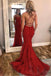Burgundy Spaghetti Strap Mermaid Stunning Prom Dresses with Lace Appliques DMJ3