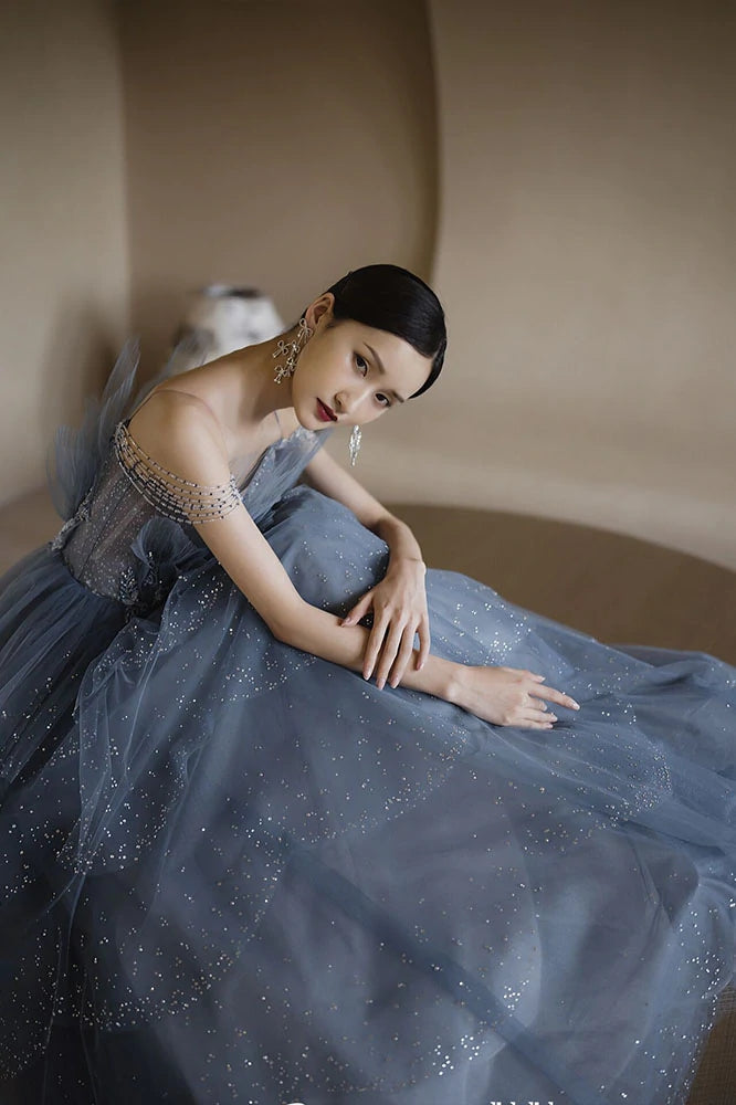 Chic Blue Sparkly Tulle Ball Gown Prom Dresses, Long Formal Gown With Rhinestone DMP156