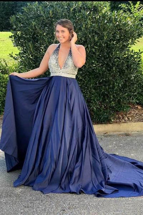 Halter Navy Blue Long Prom Dresses Beaded Backless Evening Dresses DMI25