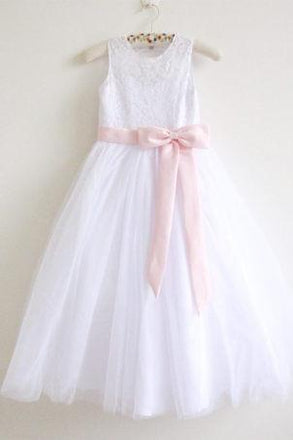 White Lace Flower Girl Dress Pink Sash Baby Girls Dress Lace Tulle White Flower Girl Dress DM210