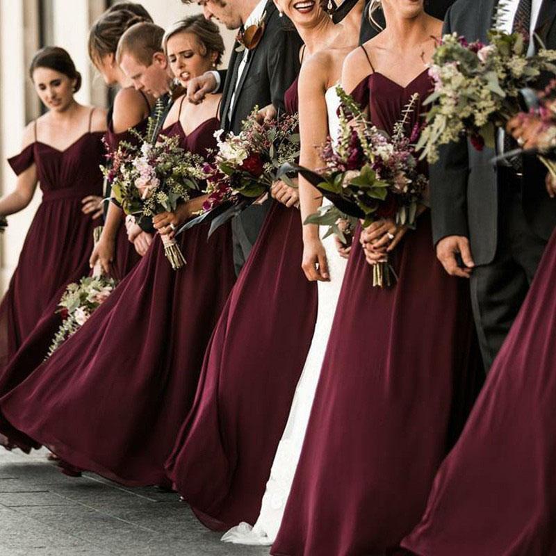 Spaghetti Straps Cheap Chiffon Off Shoulder Burgundy Bridesmaid Dresses DMG61