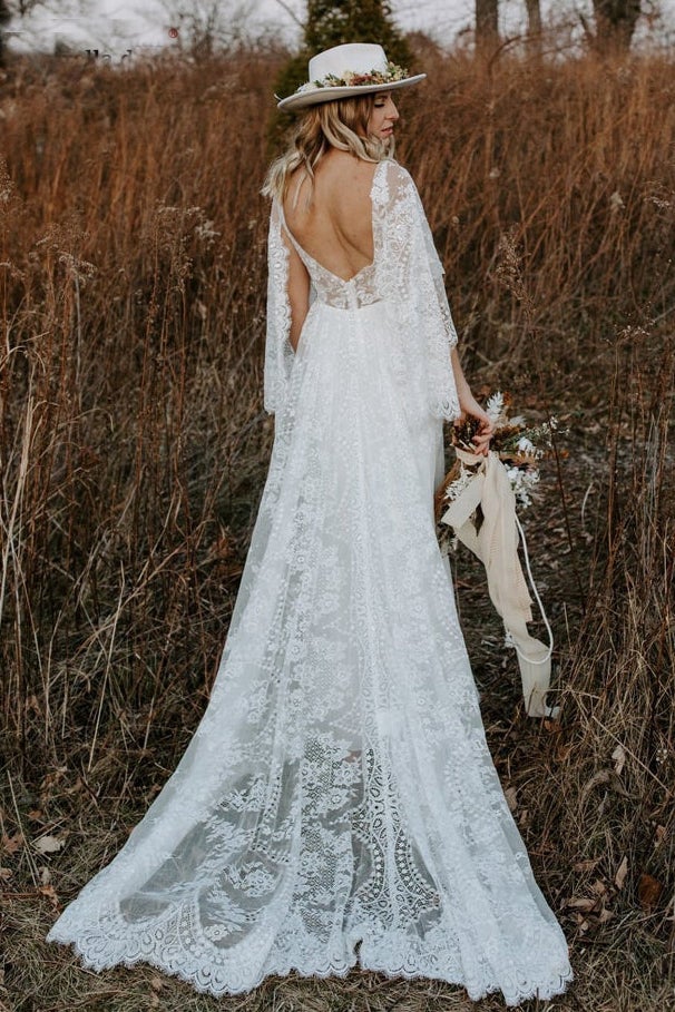 Lace V Neck Backless Boho Wedding Dress A Line Lace Beach Bridal Gown Demodresses Lace V Neck Backless Boho Wedding Dress A Line Lace Beach Bridal Gown Demodresses