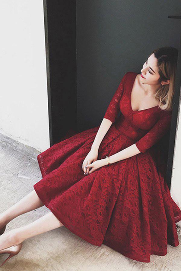 Elegant Half Sleeves Burgundy Lace V Neck Short Homecoming/prom Dress Demodresses Elegant Half Sleeves Burgundy Lace V Neck Short Homecoming/prom Dress Demodresses