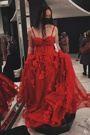 Burgundy A Line TulleLong Prom Dress, Formal Graduation Evening Dresses with Appliques DMP122