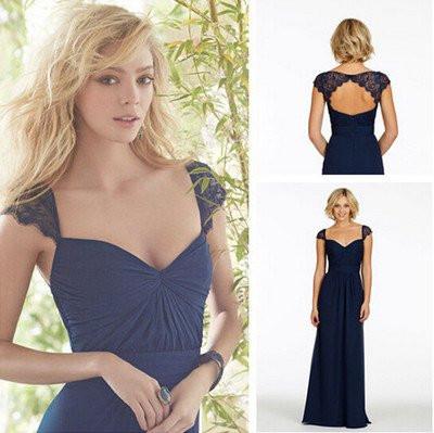 Navy Blue Long Open Back Cap Sleeve Sexy Chiffon Bridesmaid Dresses DM189