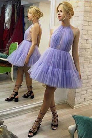 Halter Lavender A-Line Tulle Short Unique Homecoming Dresses DMD84