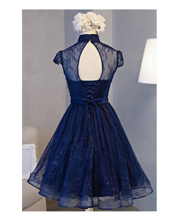 Retro A-line High Neck Short Sleeve Knee-length Navy Blue Lace Homecoming Dress DM507