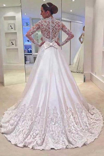 White A Line V Neck Long Sleeves Appliques Wedding Dresses With Sweep Train DM525