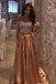 Modest A-Line Gold Off the Shoulder Sweep Train Beading Prom Dress DM145