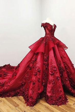 Charming Red Ball Appliques Gown Prom Dress With Beads, Quinceanera Dresses DMF37