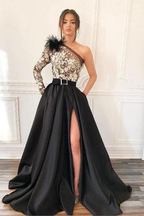 A-Line One-Shoulder Black Long Lace Appliqued Split Prom Dress with Pockets DMJ11