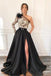 A-Line One-Shoulder Black Long Lace Appliqued Split Prom Dress with Pockets DMJ11