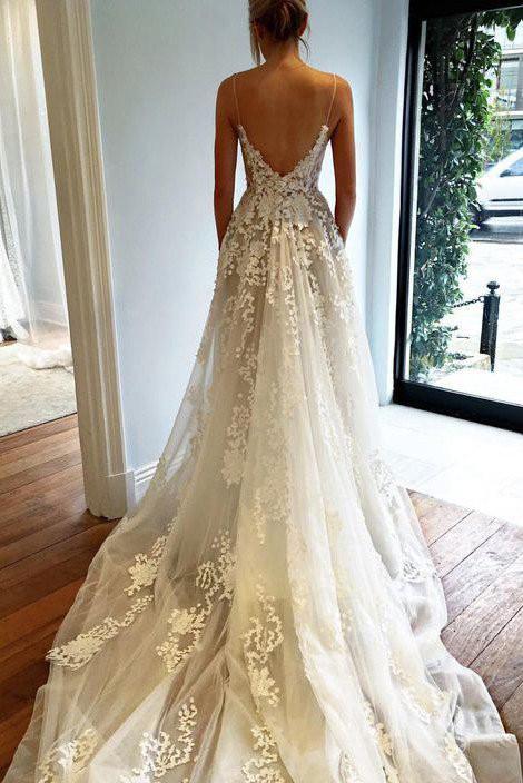 Sexy Deep V neck Lace Backless Bridal Dresses,Long Beach Wedding Dress Demodresses Sexy Deep V neck Lace Backless Bridal Dresses,Long Beach Wedding Dress Demodresses
