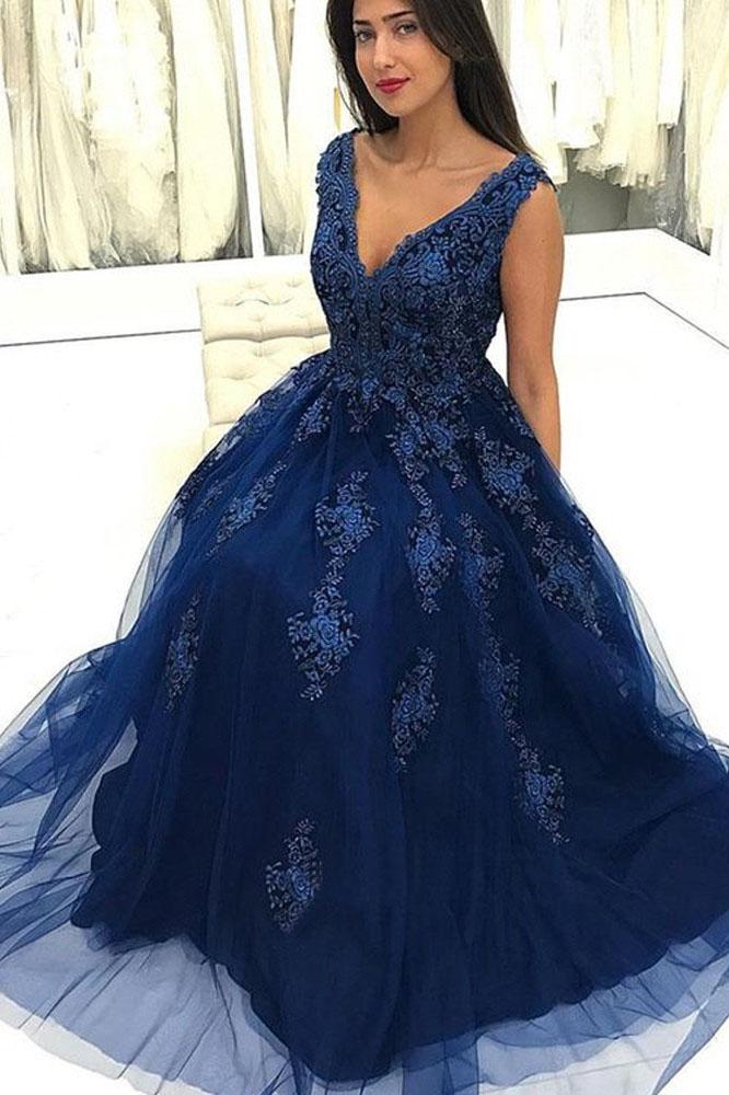 Charming V Neck Navy Blue Lace Appliques Long Prom Dresses, Elegant Evening Dresses DMG7