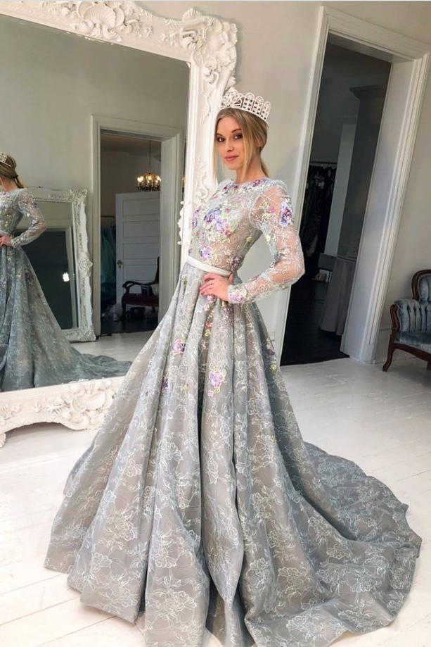 Long Sleeve Grey Lace A Line Long Evening Prom Dress for Teens DMG90
