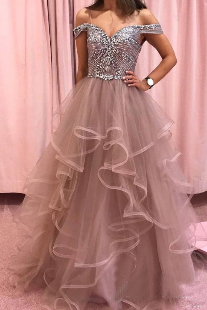 Rhinestones Layered Off the Shoulder Prom Dresses Rose Pink Tulle Party Dresses DMS12