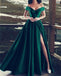 Elegant V-neck Off The Shoulder Long Satin Prom Dresses With Slit DME43