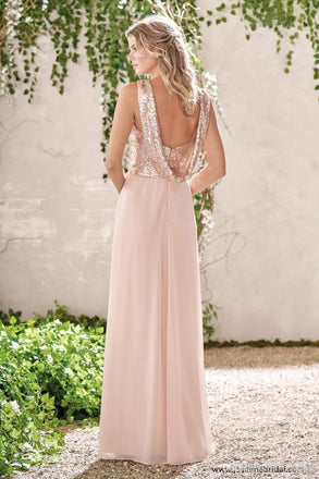 Rose Gold A Line Spaghetti Straps Prom Gown Backless Sequins Chiffon Bridesmaid Dress DMI10
