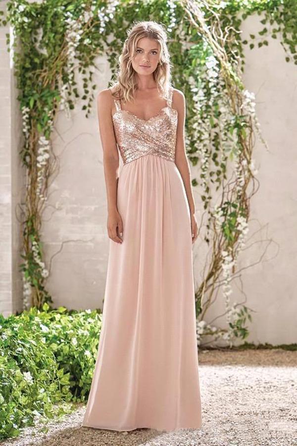 Rose Gold A Line Spaghetti Straps Prom Gown Backless Sequins Chiffon Bridesmaid Dress OKI10 Demodresses Rose Gold A Line Spaghetti Straps Prom Gown Backless Sequins Chiffon Bridesmaid Dress OKI10 Demodresses