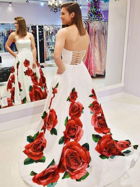 Rose Red Floral Long Prom Dresses with Pockets Strapless Evening Gown DMI64