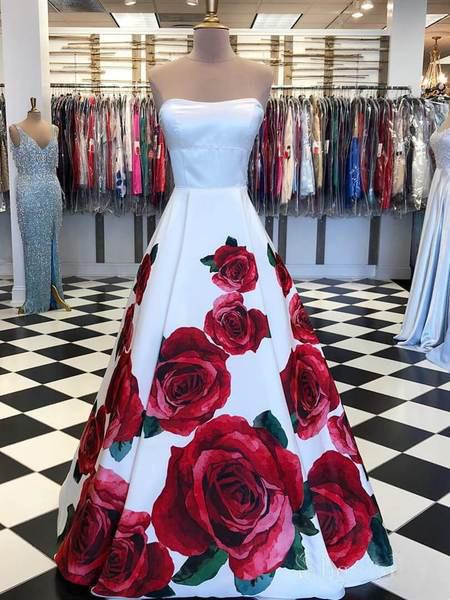 Rose Red Floral Long Prom Dresses with Pockets Strapless Evening Gown OKI64 Demodresses Rose Red Floral Long Prom Dresses with Pockets Strapless Evening Gown OKI64 Demodresses