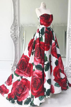 Rose Red Floral Long Prom Dresses with Pockets Strapless Evening Gown DMI64