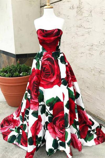 Rose Red Floral Long Prom Dresses with Pockets Strapless Evening Gown DMI64