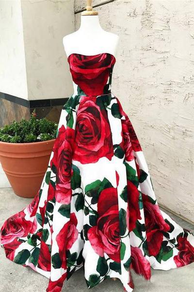 Rose Red Floral Long Prom Dresses with Pockets Strapless Evening Gown OKI64 Demodresses Rose Red Floral Long Prom Dresses with Pockets Strapless Evening Gown OKI64 Demodresses