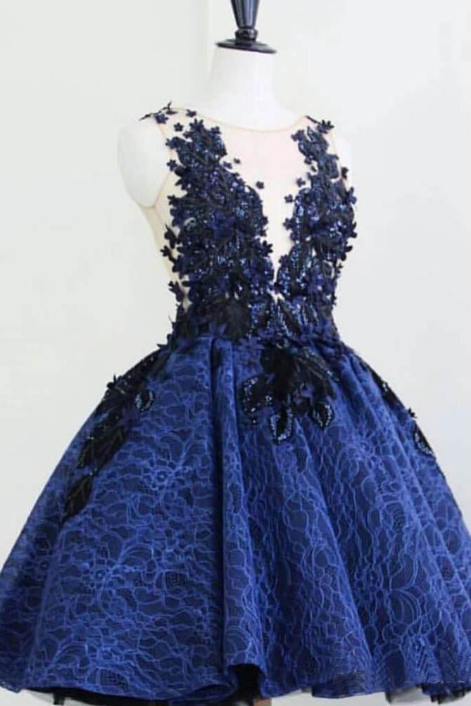 Royal Blue Lace Sheer Neck Short Prom Dresses, Charming Homecoming Dress DMO5