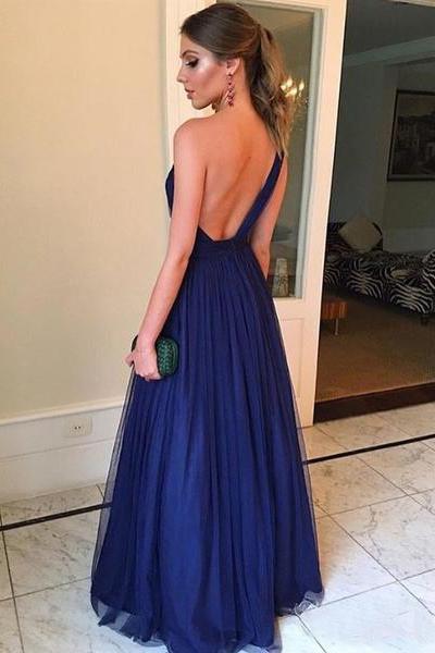 Royal Blue Tulle Long Prom Dresses One Shoulder Simple Bridesmaid Dress DM8