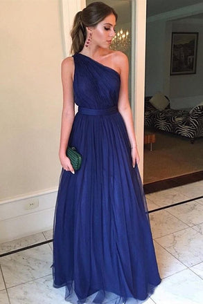 Royal Blue Tulle Long Prom Dresses One Shoulder Simple Bridesmaid Dress DM8