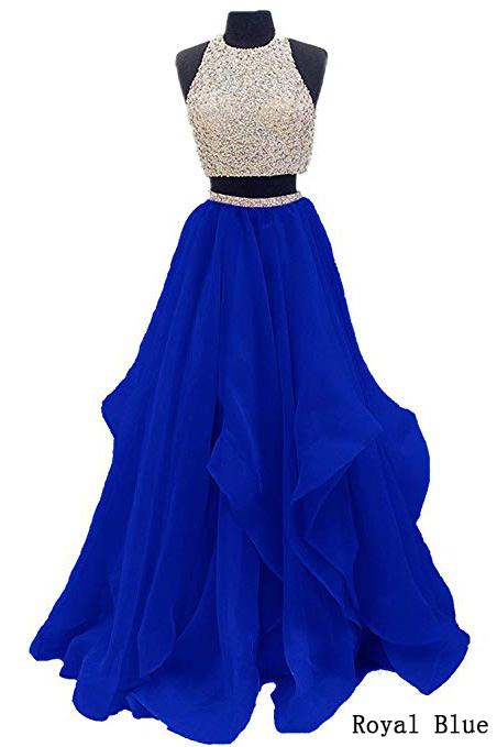 Two Piece Floor Length Burgundy Prom Dress Beaded Open Back Evening Gown DM603