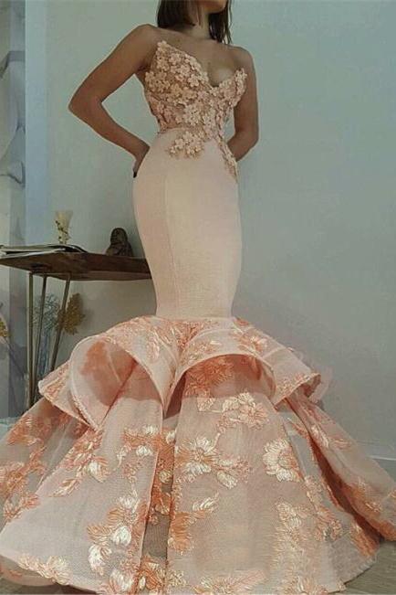 Newest Lace Sweetheart Mermaid Appliques Sleeveless Prom Dress DME64
