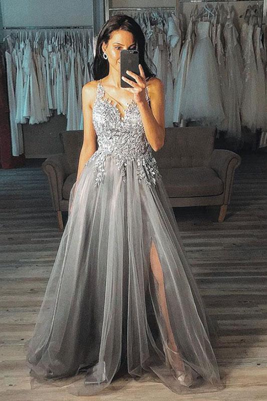 Grey A Line V Neck Long Appliques Tulle Prom Dress DMP66