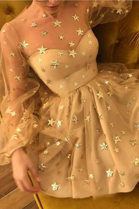 Sparkle Long Sleeve Short Unique Sheer Neck Stars Mini Homecoming Dress DMD50