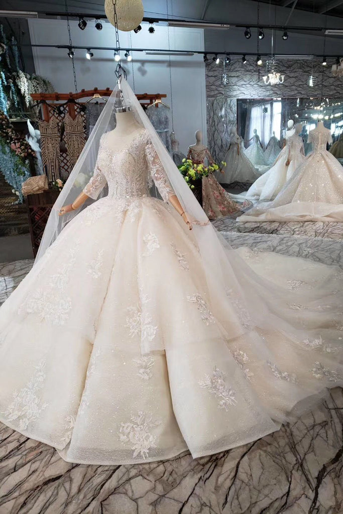 Elegant Scoop Ball Gown Wedding Dresses, 3/4 Sleeves Wedding Gown DMJ97