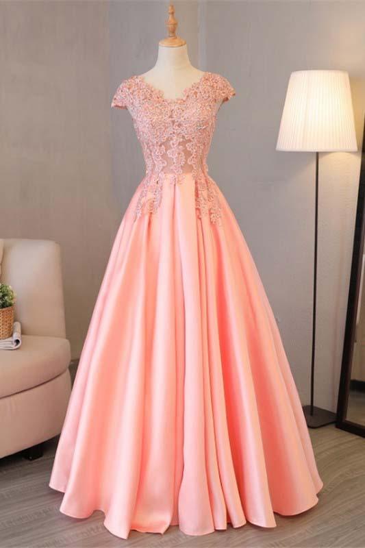 Blush Pink A Line Cap Sleeves Appliques Beaded Long Prom Dresses DMJ85