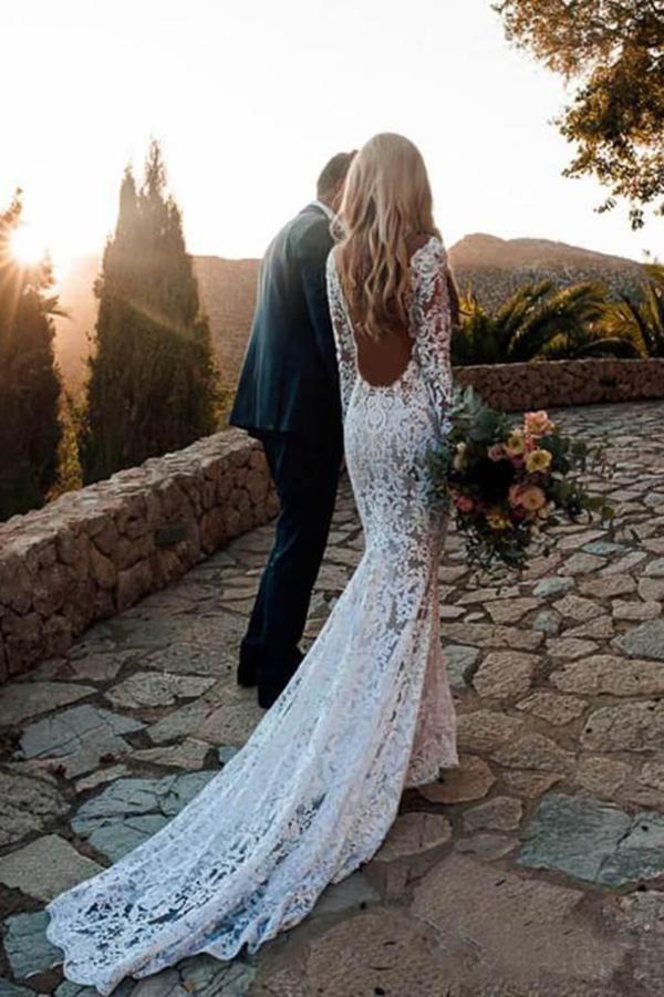 Long Sleeve Lace V Neck Backless Mermaid Boho Wedding Dresses,Beach Wedding Gown DMH77
