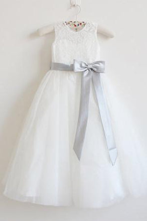 Light Ivory Lace Tulle Sleeveless Long Flower Girl Dress With Silver Sash/Bowss DM214