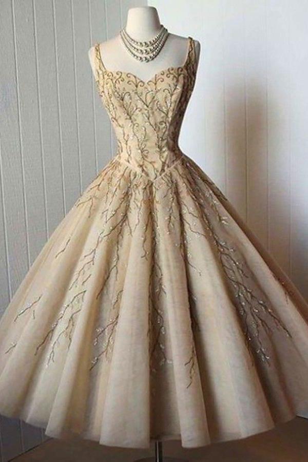 Elegant A-Line Straps Sweetheart Tea-Length Sleeveless Homecoming Dresses DMD92
