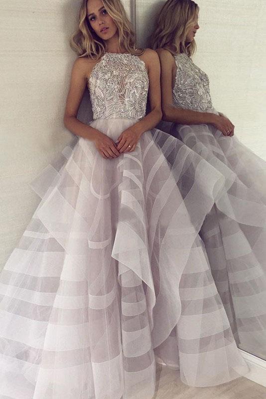 Fashion A-Line Crew Backless Lavender Organza Prom Dress with Beading DMG20