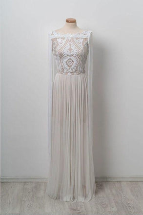 Unique Bateau Floor-length Chic Long Off White Prom Dress DMG40