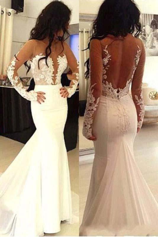 Beautiful Long Sleeves See Through Mermaid Lace Appliques Wedding Dresses With Trailing DMD53