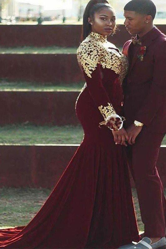 Trumpet/Mermaid High Neck Long Sleeves Applique Burgundy Plus Size Prom Dresses OKF40 Demodresses Trumpet/Mermaid High Neck Long Sleeves Applique Burgundy Plus Size Prom Dresses OKF40 Demodresses