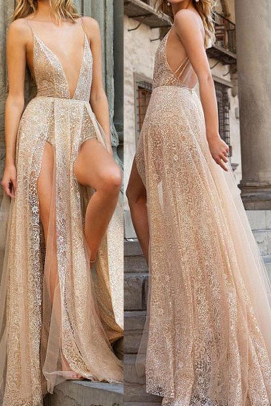 Sexy Lace Spaghetti Straps Backless Long Prom Dress DMP67