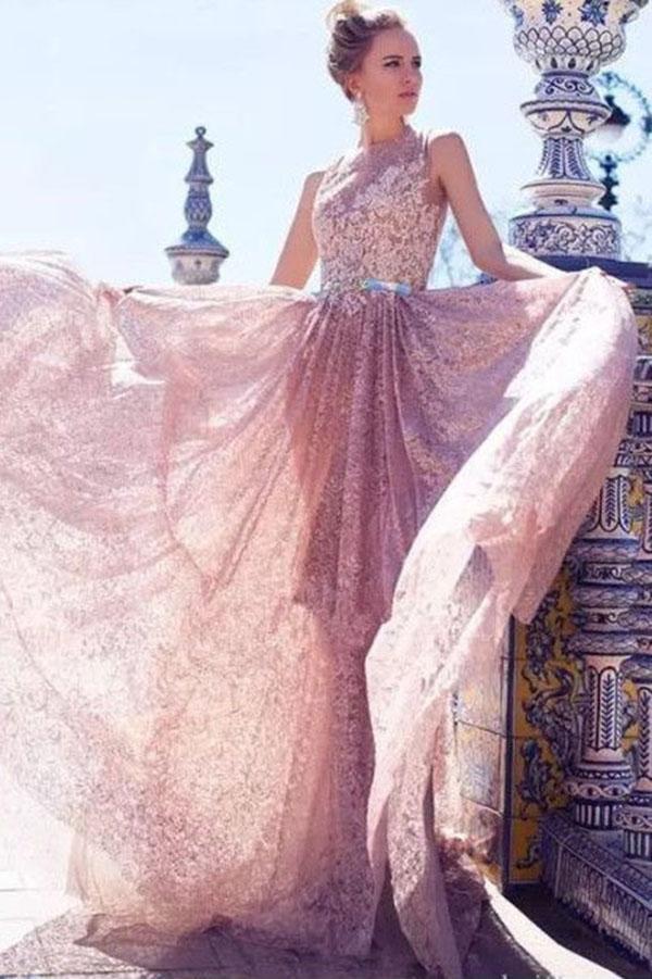 Mermaid Lace Long Prom Dresses, Elegant Bateau Evening Dress DMG23