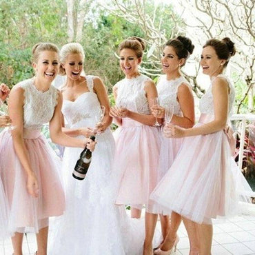 A-Line Light Pink Tulle Knee Length Bridesmaid Dress with Lace DMG64